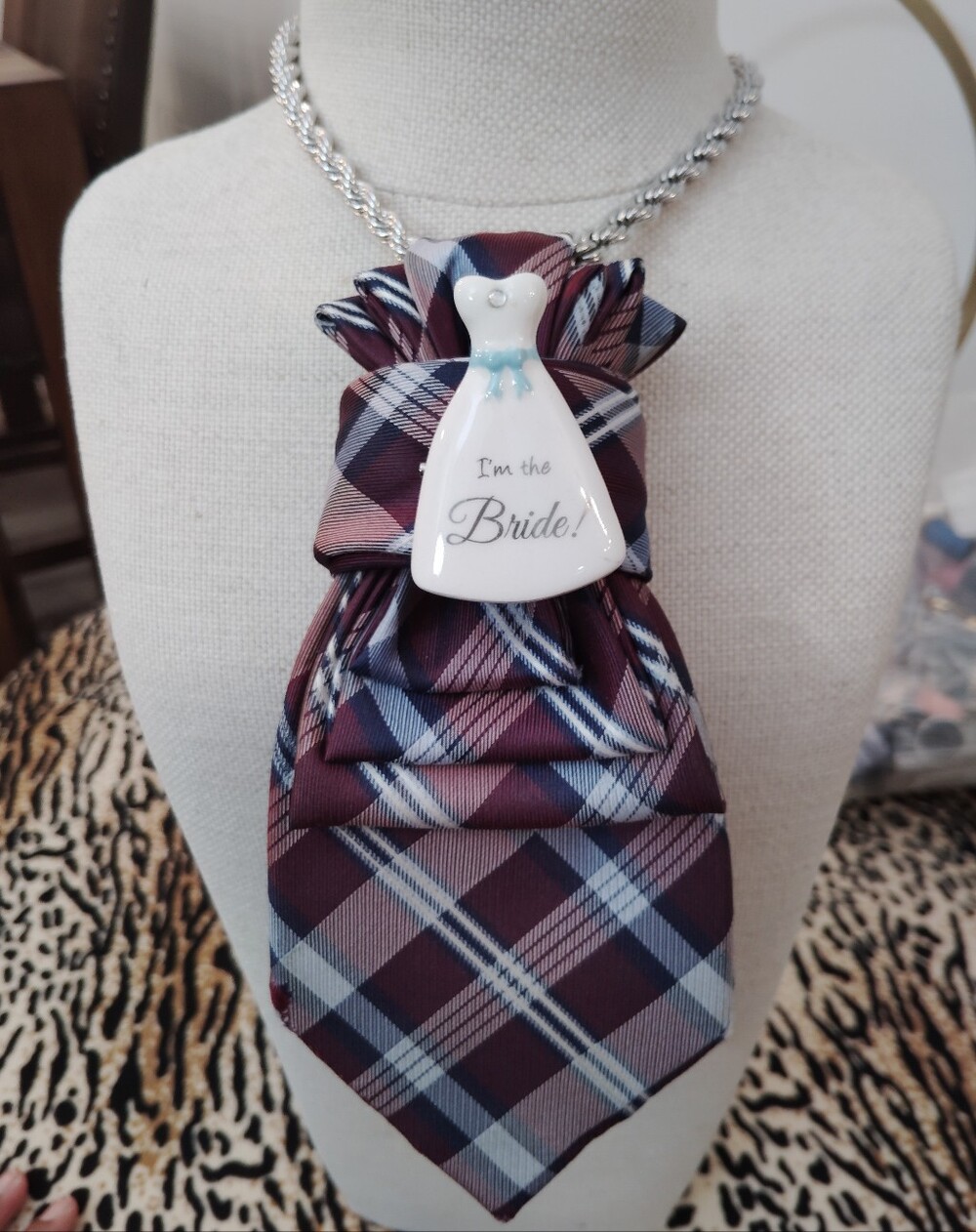 Nautica Burgundy and Navy Plaid Necktie W/ I'm the Bride! ๐ Brooch - Picture 2 of 4